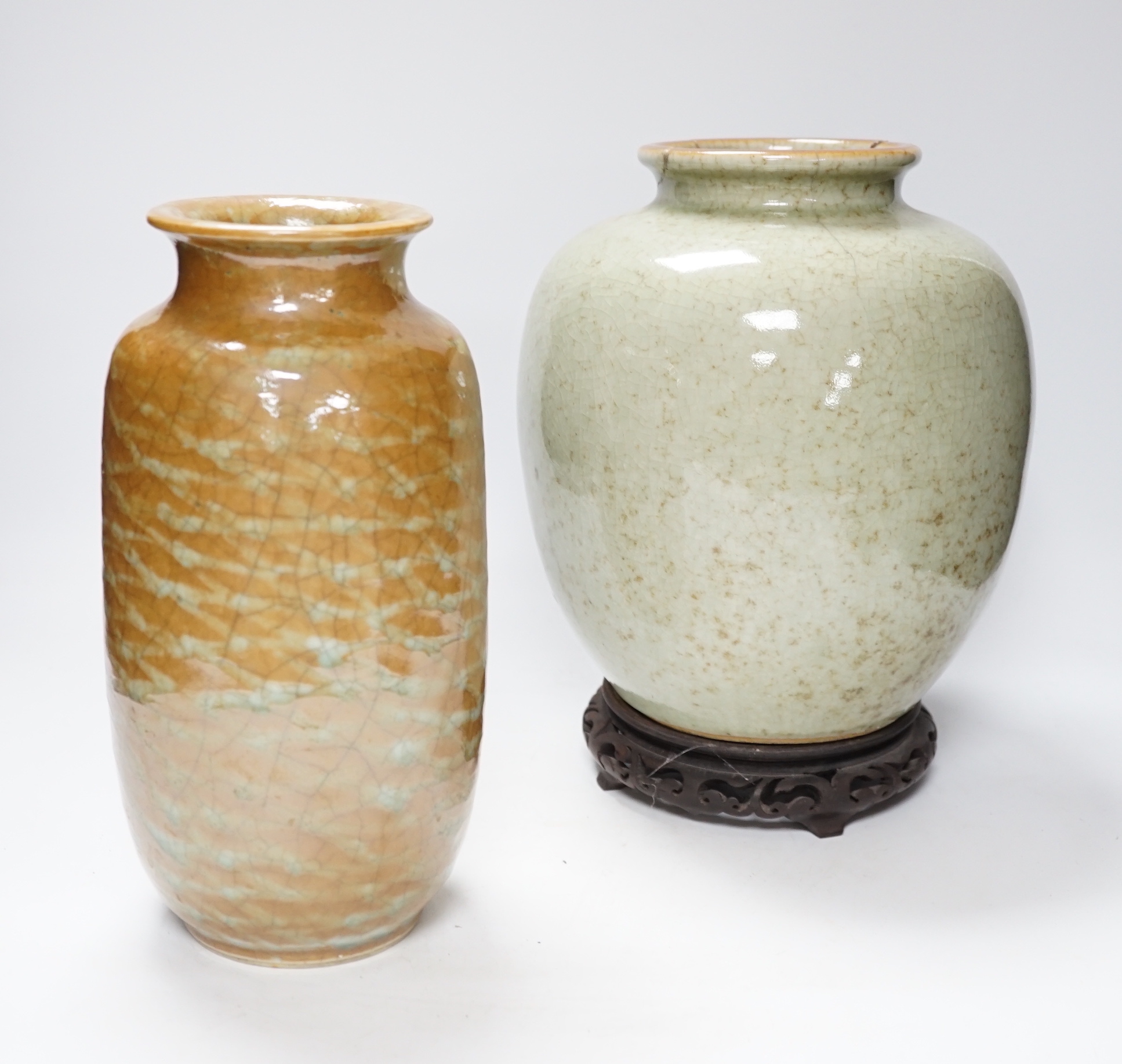 A 19th century Chinese crackle glaze vase on stand and a cafe-au-lait glazed vase, Chinese vase and stand 29cm high (2)